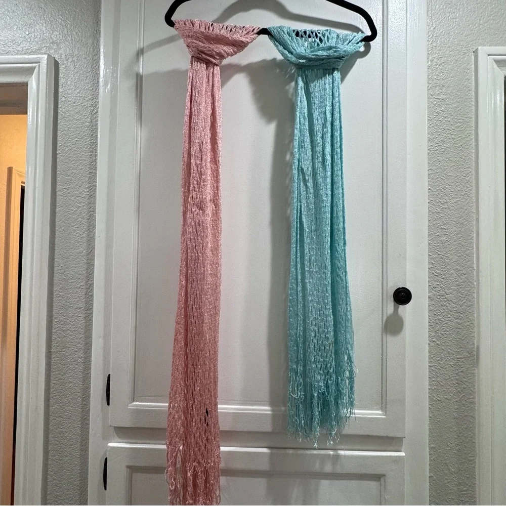 2 Scarves- Pink and Aqua Open-Knit Fringe - Women Accessories